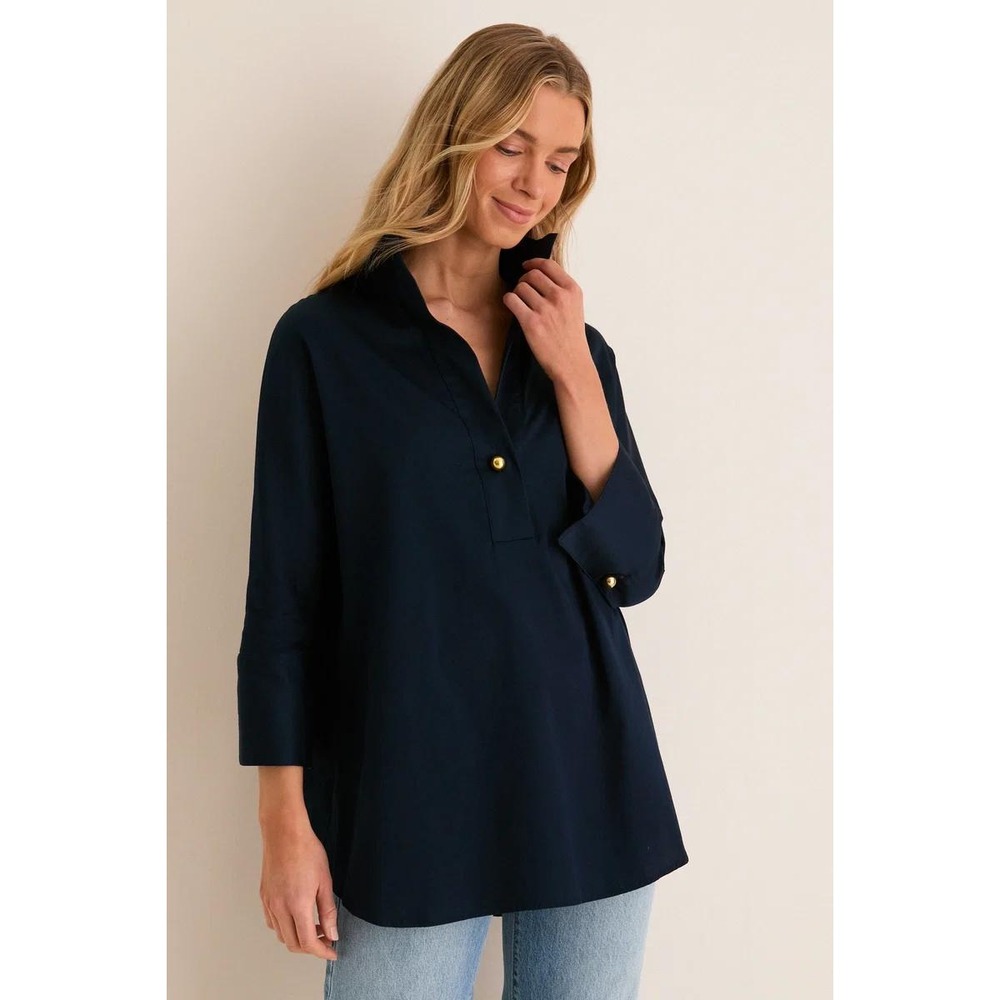 Tuckernuck Navy Willow Blouse Gold Button V-Neck Tunic Top Large